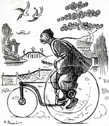 Dessin humoristique représentant un Chinois sur un tricycle dans un parc en Chine. Illustré par George du Maurier (1834-1896), caricaturiste et auteur franco-britannique