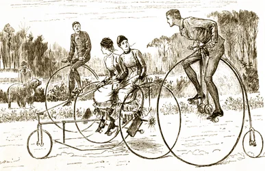 Dessin humoristique représentant un groupe de jeunes sur des tricycles. Illustré par George du Maurier (1834-1896), caricaturiste et auteur franco-britannique
