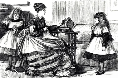 Une caricature représentant une jeune mère utilisant une machine à coudre. Illustré par George du Maurier (1834-1896) un caricaturiste et auteur franco-britannique