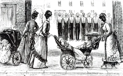 Une gravure représentant des nourrices poussant des enfants en landaus. Illustré par George du Maurier (1834-1896) un caricaturiste et auteur franco-britannique