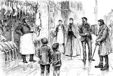 Gravure représentant un boucher et un volailler photographiés devant son étal de Noël par George du Maurier. George du Maurier (1834-1896) un caricaturiste et auteur franco-britannique. Daté du XIXe siècle