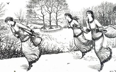 Illustration représentant des filles traçant la piste pour le lièvre et les chiens