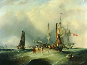 Un vaisseau de guerre et des bateaux de pêche au large de Southsea