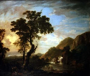 Paysage fluvial boisé avec figures au premier plan et cascade au-delà