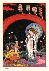 Jeune femme avec un parasol en laque sentant un flacon de parfum