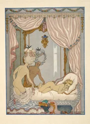 Visite de la marquise de Merteuil dans la chambre de Cécile de Volanges, illustration tirée des « Liaisons dangereuses » de Pierre Choderlos de Laclos (1741-1803), publiée en 1934