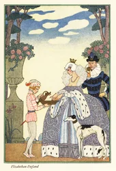 La reine Elizabeth se lave les mains dans un bol tenu par son page. 1928