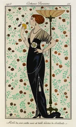 Robe du soir en satin noir et tulle bordée de brillants. Costumes Parisiens no 46. Femme portant une robe du soir en satin noir bordée de brillants et une fleur blanche à la ceinture. Elle porte également un collier de diamants.