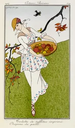 Toilette de taffetas imprimé chapeau de paille. Costumes Parisiens no.179. Une femme portant une tenue imprimée en soie et un chapeau de paille. Elle porte un bol de fruits.