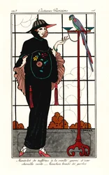 Femme en cape de vieux taffetas avec un perroquet