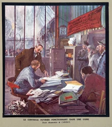 Contrôle ouvrier opérant dans une usine soviétique au moment de la Révolution en 1917, de Histoire des Soviets, pub. 1922
