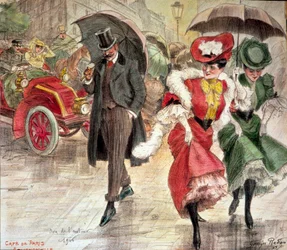 Un beau temps : « Les petites trottins », jeunes femmes courant sous la pluie ; l