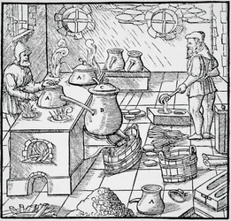 Gravure de De re metallica (Sur la nature des métaux), par Georg Pawer ou Georgius Agricola (1494-1555), publié à Bâle