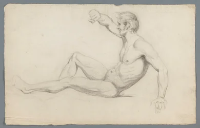 Nu masculin assis, avec un bras levé