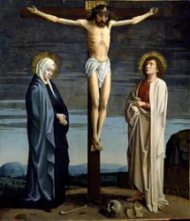 La Crucifixion. Inscription « INRI » (I.N.R.I.) sur la croix.