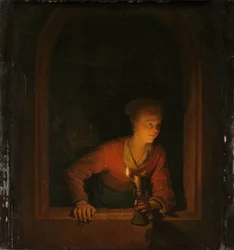 Fille avec une lampe à huile à une fenêtre