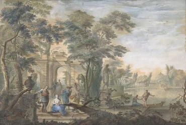 Paysage arcadien avec plusieurs figures et une statue de Diane