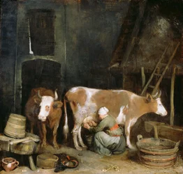 Une servante trayant une vache dans une grange