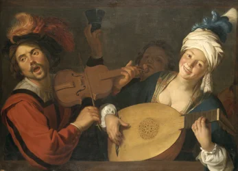 Français :  Le Concert Couple faisant de la musique derrière une balustrade