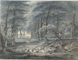 Vue de forêt avec un berger et des moutons et trois personnages