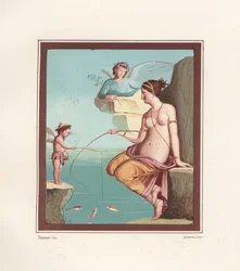 Fresque de Vénus et Cupidon pêchant à la ligne depuis la mer