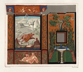 Peinture murale dans un viridarium (jardin) représentant un tigre attaquant un taureau et des paons sur une fontaine, de la Maison aux images inscrites, Regio V, Insula I, no 18. Chromolithographie de Victor Steeger d