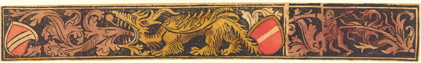 Bande grotesque avec dragon, boucliers et hommes sauvages