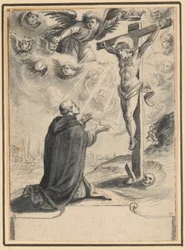 Un frère agenouillé devant une vision du Christ en croix