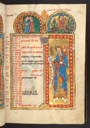 Mai, des 12 pages du calendrier en or et en couleurs, avec des cadres architecturaux contenant chacun un signe du zodiaque, un apôtre et un travail du mois