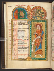 Octobre. 12 pages de calendrier en or et en couleurs, avec des cadres architecturaux contenant chacun un signe du zodiaque, un apôtre et un travail du mois. Psautier. Psautier illuminé avec un calendrier, des cantiques et des litanies pour l