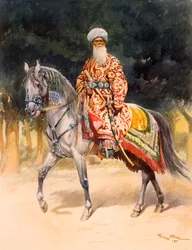 Guerrier armé monté sur un cheval turcoman en tenue traditionnelle, pub. 1912