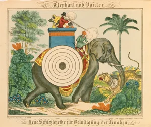 Un éléphant et une panthère avec des cibles, de Neuruppiner Bilderbogen, 1850