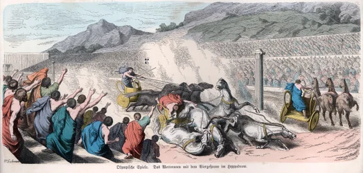 Histoire ancienne. Grèce. Compétitions athlétiques, course de chars au ... (gravure)