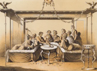 Anciens Romains prenant un repas (lithographie couleur)