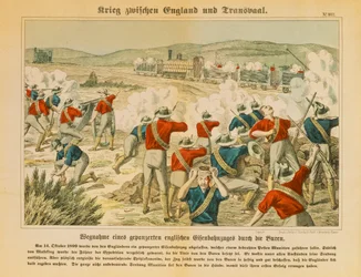 Les Boers saisissent un train blindé anglais pendant la deuxième guerre des Boers, près de Maseking, 14 octobre 1899, publié par C. Burckhardts Nachf, Weissenburg, 1899
