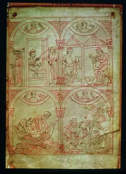 Codex 507 fol.2r Tisserand, cordonnier, pêcheurs et chasseur, du Renner Musterbuch, vers 1208-18