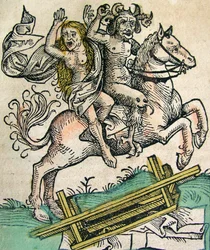 Diable et une femme à cheval, publié dans la Chronique de Nuremberg, 1493