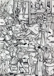 Différentes formes de punition utilisées en Allemagne en 1500 pour divers crimes, Gravure, Allemagne