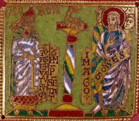 Plaque émaillée représentant les prophètes Aaron et Moïse. École rhénane. XIIe siècle. Florence, Museo Nazionale del Bargello