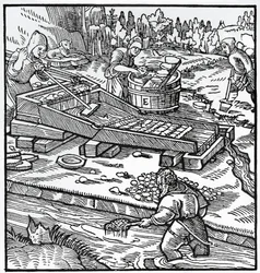 Gravure de De re metallica (Sur la nature des métaux), par Georg Pawer ou Georgius Agricola (1494-1555)