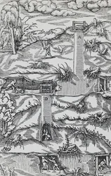 Gravure de De re metallica (Sur la nature des métaux), par Georg Pawer ou Georgius Agricola (1494-1555), publiée à Bâle