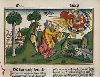 Exode 34:1-10 Moïse reçoit les secondes tables avec les Dix Commandements, de la Bible de Nuremberg (Biblia Sacra Germanaica)