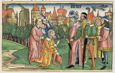 Esdras 6:16 Le Temple de Jérusalem est dédié par le roi Darius, de la Bible de Nuremberg (Biblia Sacra Germanaica)