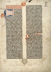 Première page de la Bible latine (Vulgate) de Gutenberg, préparée à Mayence en 1452 - 1454. Le début de l