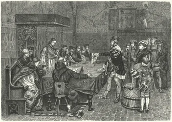 Gustav I Vasa, roi de Suède, confrontant Peter Sunnanvader, évêque de Vasteras