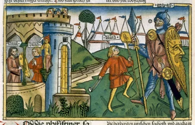 1 Samuel 17:1-58 David vainc Goliath et rencontre Saül, de la Bible de Nuremberg (Biblia Sacra Germanaica)