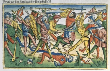 1 Samuel 28:1-2 Les Philistins font la guerre à Israël, de la Bible de Nuremberg (Biblia Sacra Germanaica)