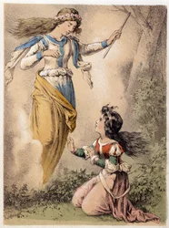 Illustration des contes de Franz Hoffmann « Contes et Fables - Les 3 cadeaux » : le souhait exaucé par une fée. Chromolithographie du XIXe siècle.