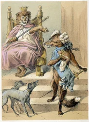 Illustration des contes de Franz Hoffmann « Contes et Fables - Le Renard » : Un renard parlant devant le Roi Lion. Chromolithographie du XIXe siècle.