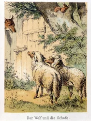 Illustration des contes de Franz Hoffmann « Contes et Fables - Le loup et les moutons » : un loup parlant avec les deux moutons. Chromolithographie du XIXe siècle.
